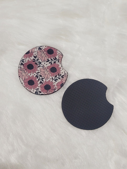 Pink and Black Flowers Car Coaster